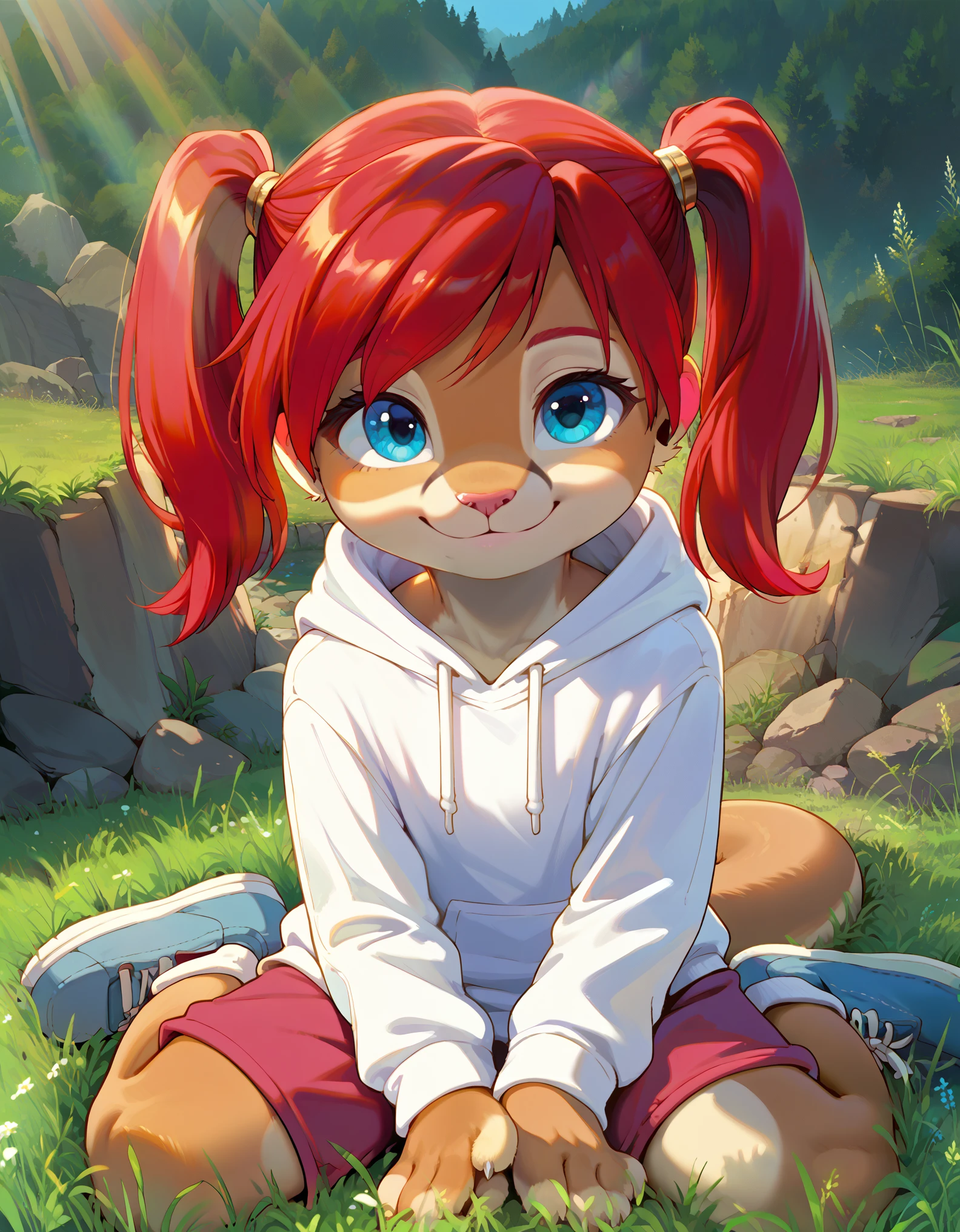 score_9, score_8_up, score_7, rating_ safe, source_furry, furry, camille_w, solo, red hair, twintails, blue eyes, hoodie, (kangaroo tail:0.7), sitting, outdoors, grass, looking at viewer, smile, cute, sunlight, natural lighting, 