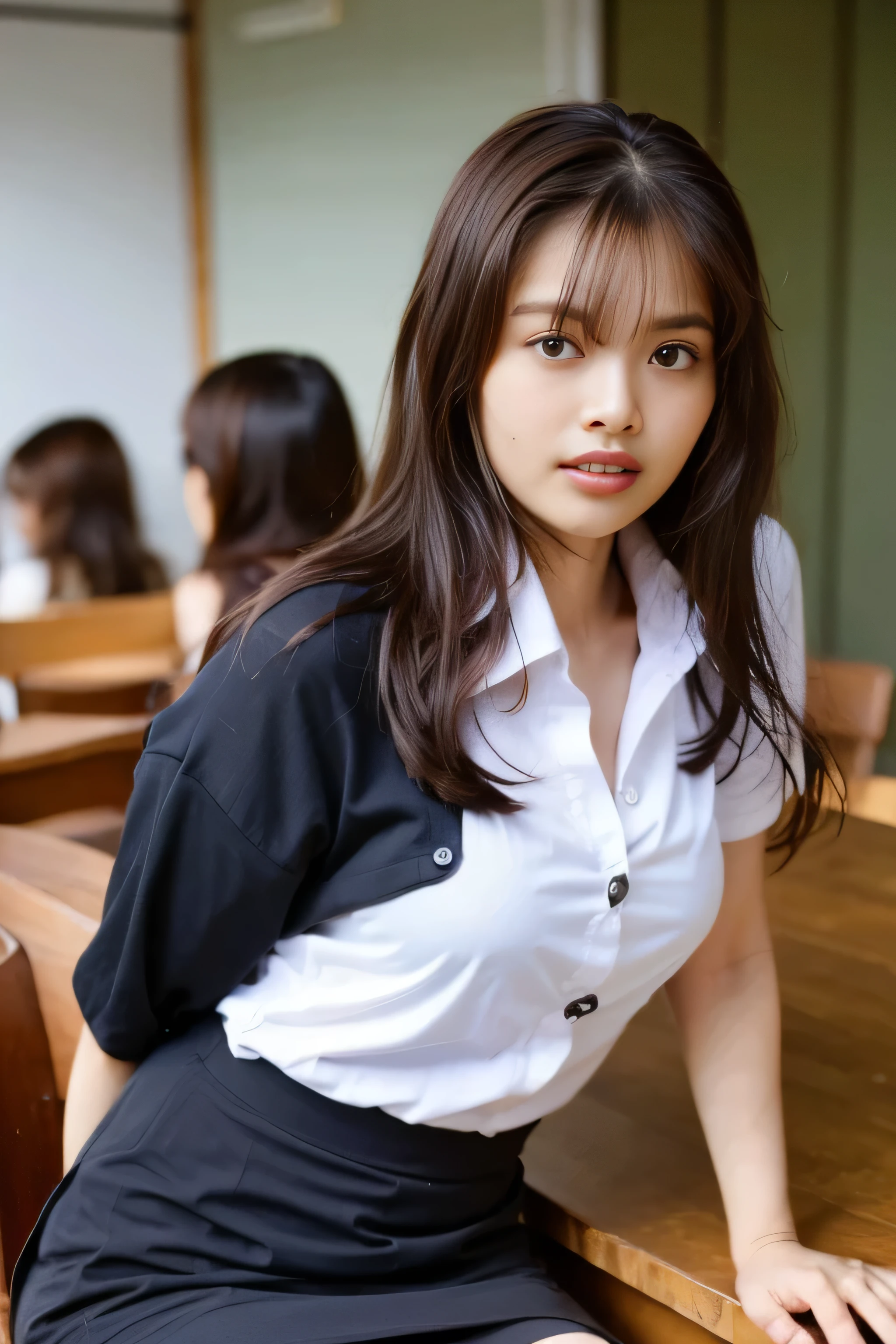 Close up,1 girl{{A beautiful woman wearing a white short-sleeved shirt and a short black A-line skirt}} , striking a sexy pose.  with several lecture tables set up behind it  There is a sliding glass window.  There was evening light streaming into the room.