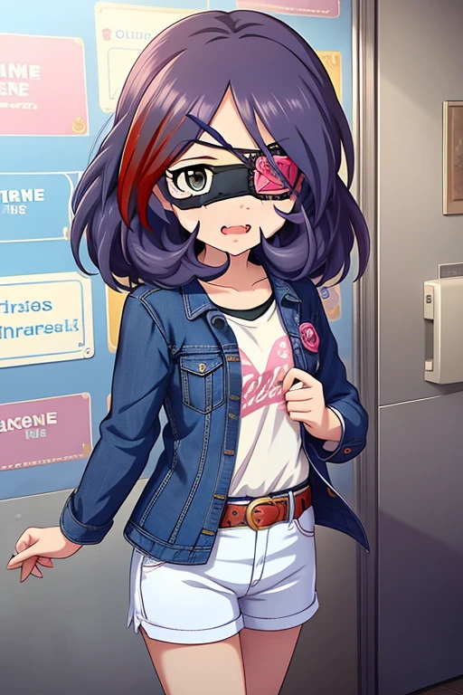 Hayasaka Mirei,purple hair,multicolored hair,fang,brown eyes,short hair,eyepatch,white shirt,Denim shorts,shorts rolled, belt