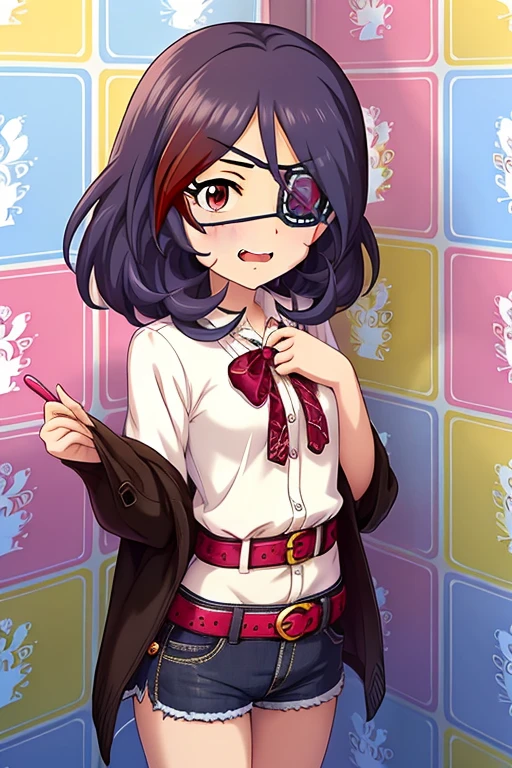 Hayasaka Mirei,purple hair,multicolored hair,fang,brown eyes,short hair,eyepatch,white shirt,Denim shorts,shorts rolled, belt