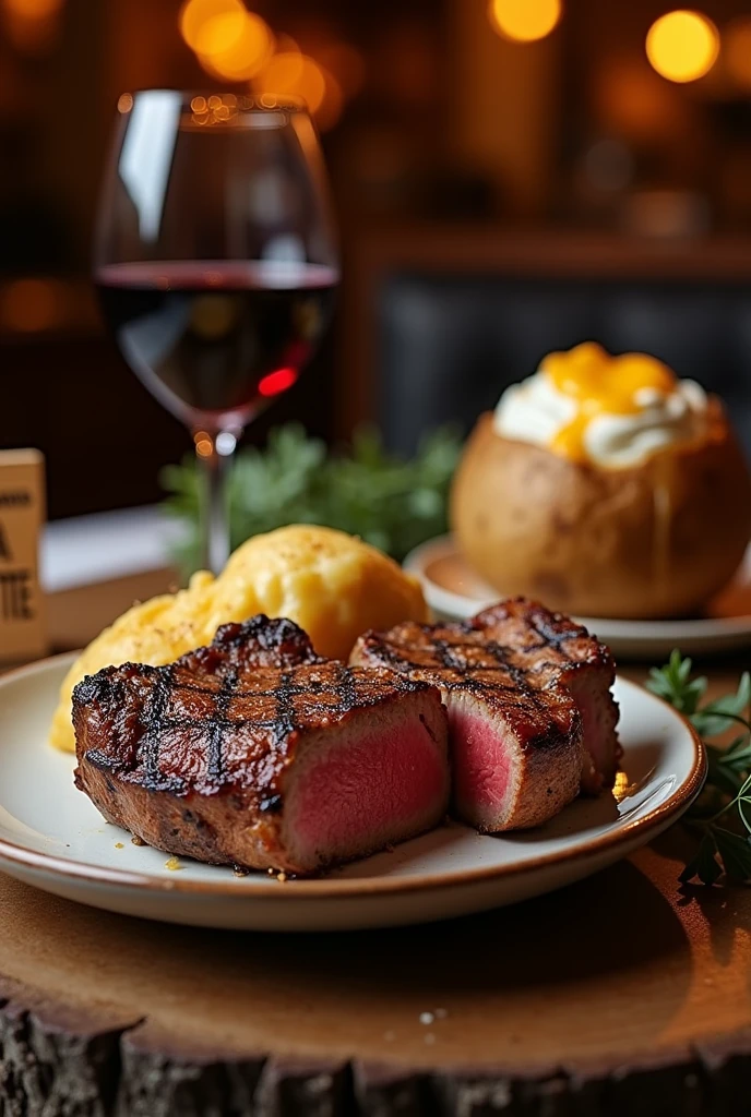 A juicy cut of meat next to a baked potato covered with cream and melted cheese, accompanied by a glass of red wine and a wooden plaque engraved with "Aniversario" and "La Corte", in an elegant setting with warm lighting, conveying a feeling of celebration and exclusivity, Realistic photography, captured with a Canon EOS R5 professional camera, 50mm f/1.2 lens, with focus on rich textures and vibrant colors, cinematic style, soft lighting, --ar 16:9 --v 5