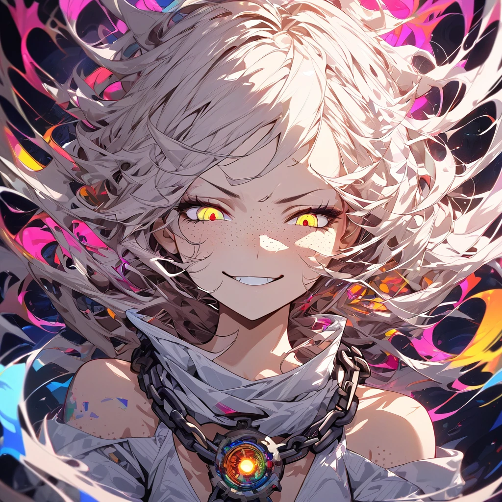 pretty girl, looking down, long messy hair, smirking, chained, mysterious, hypnotic eyes, creative masterpiece, psychedelic art, majestic, psycho, glowing background, detailed shadows, 8K resolution, ultra details, reflecting skin details, beautiful freckles, rage art, glitch art, adrk art