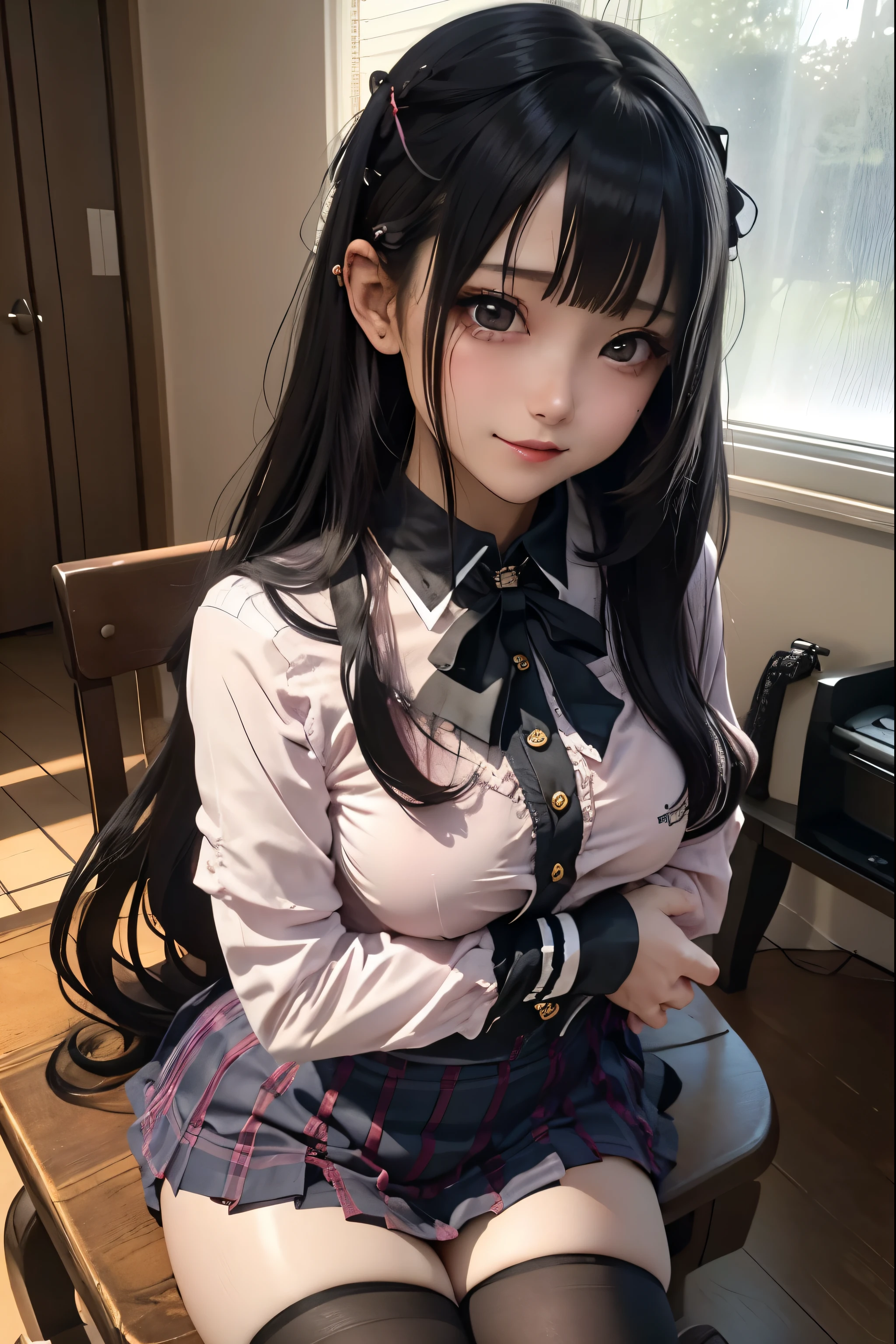 high school girlブレザー、high school girl、Red checked skirt、JK Style、Jacket、smile、garter、Knee socks、Panty stocking、Otherworldly beauty、Extraordinarily cute、boredom、unusual beauty、Dark black eyeshadow、sorrow、Good skin glow、Long Hair Straight Hair、Dark Gothic Makeup、暗いsmile、Beautiful woman、Stained Glass Background、On the table、Best Quality、5 reference books、Sweat glistens on my chest、Sweat glistens on my face、Thigh sweat、sweating、Black frill East size Regular size、Dark pink hair、Age 22 years old、Sweat sticks to my thighs、I sweat a lot and get sticky。、My thighs are sticky and shiny、Sweating on thighs and chest、Small breasts、Slightly slim、I sweat all over my body、play the piano、Sit down and play an instrument、legs are thin、Two people、Lesbian couple、Hugging a girl、My female friend has a super cute face、My female friend has a very beautiful face、Do lesbian play、Super smooth straight hair、
