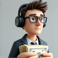 3D character profile avatar wearing glasses, headset, holding bills
