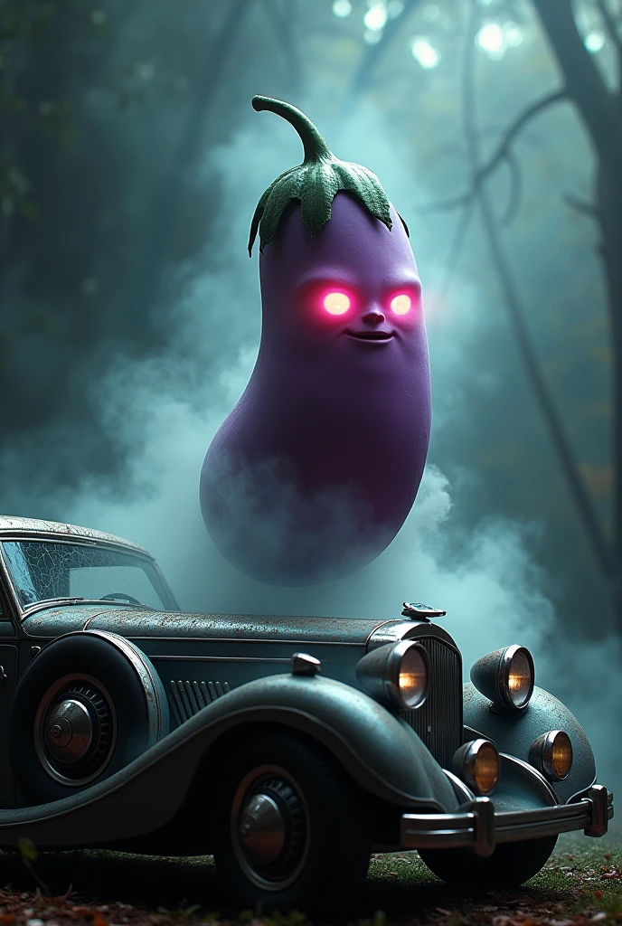 Berinjela Fantasmagórica em um automobile de Luxo:
Eggplant Visual: Add an ethereal or translucent effect to the eggplant, with glowing eyes and a hazy aura around it.
automobile: Imagine a vintage luxury car, covered in dust and shrouded in ghostly mist. Details like spiderwebs or cracks can intensify the mood.