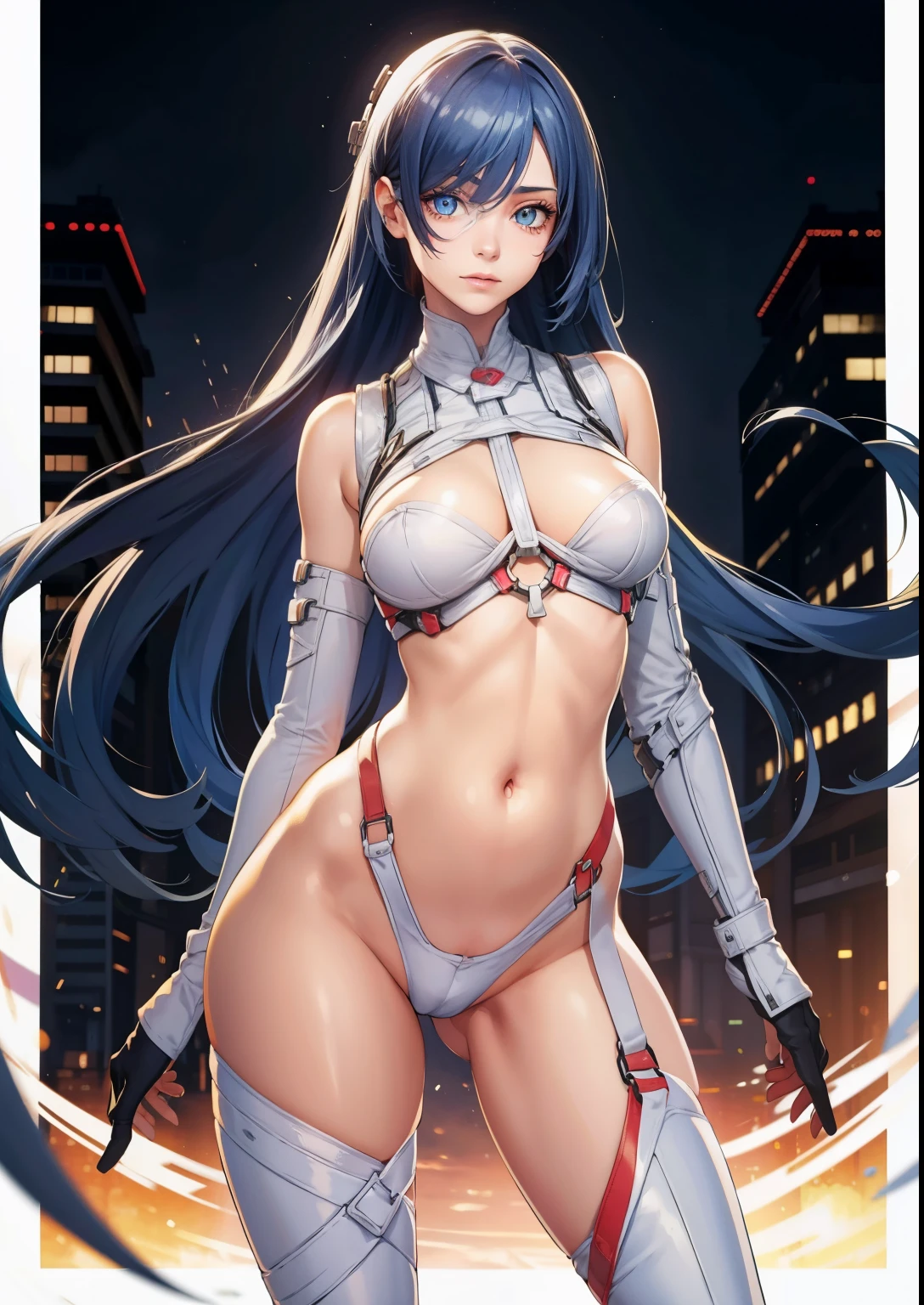 solo, Standing at attention, dynamic pose, light skin, very long blue hair, Young female, Beautiful Finger, Beautiful long legs, Beautiful body, perfect blue eyes, expressive eyes, looking at viewer, 8k wallpaper, perfect lighting, masterpiece, lens flare, vibrant color, (Beautiful medium Breasts:1.2), (narrow waist), taffytales, pornocos, hair_over_one_eye