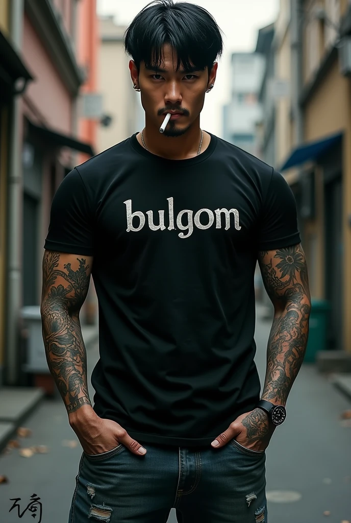 Handsome korean tattoo man, straight black hair, black t-shirt with bulgom written on it, jeans, smoking cigarettes, yakuza vibes, hard colors