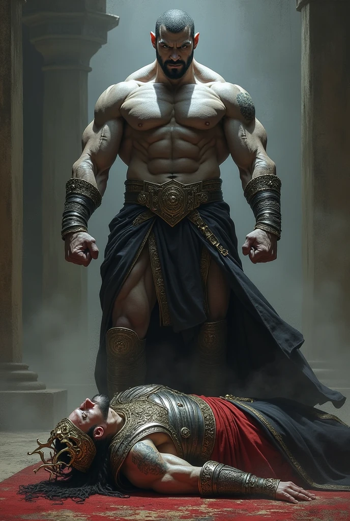 Muscular man with a gray body stepping on a king
