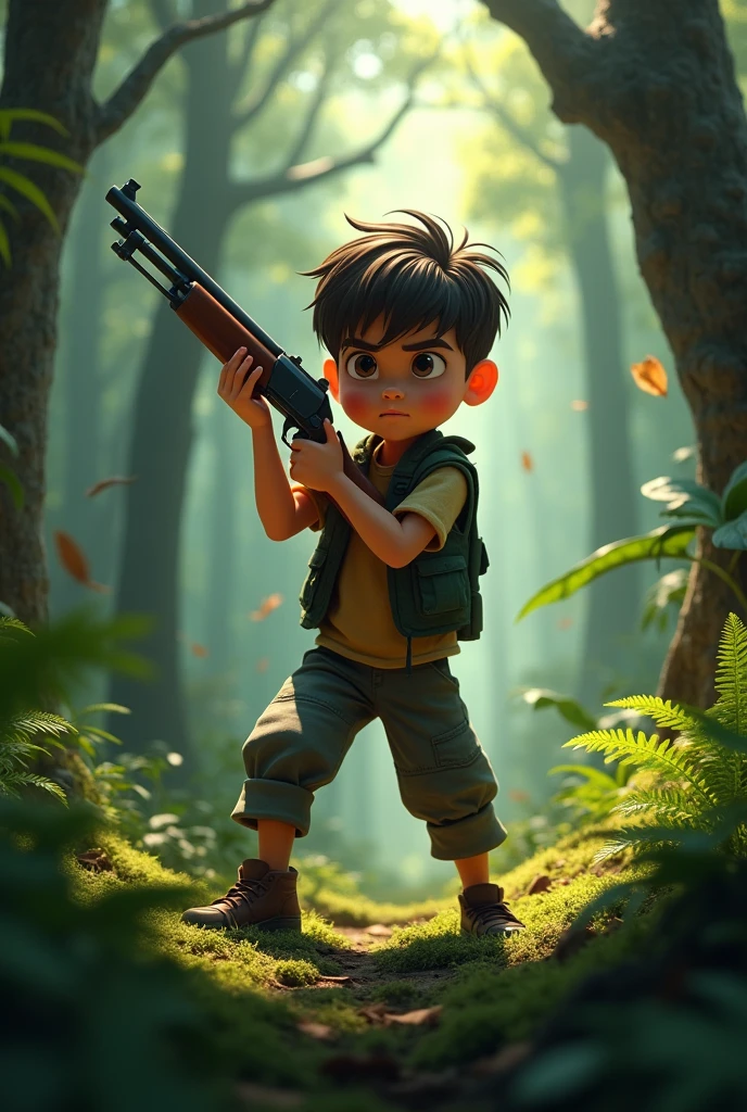 Generate an animated image of a young boy with a shotgun in the woods