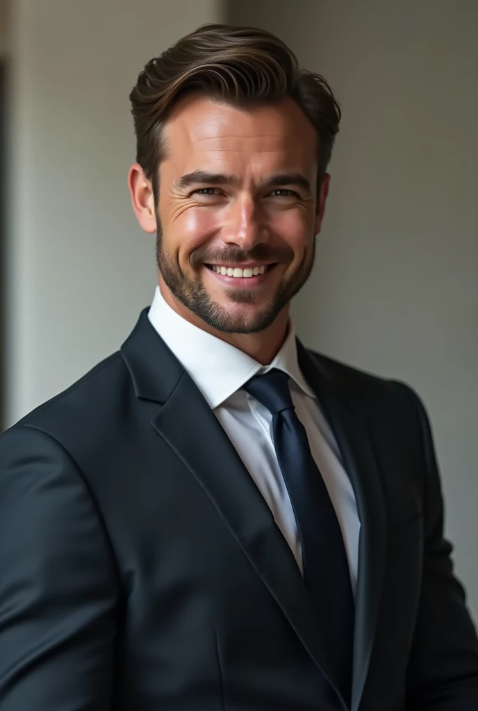 A american handsome man, in suit little simle on face