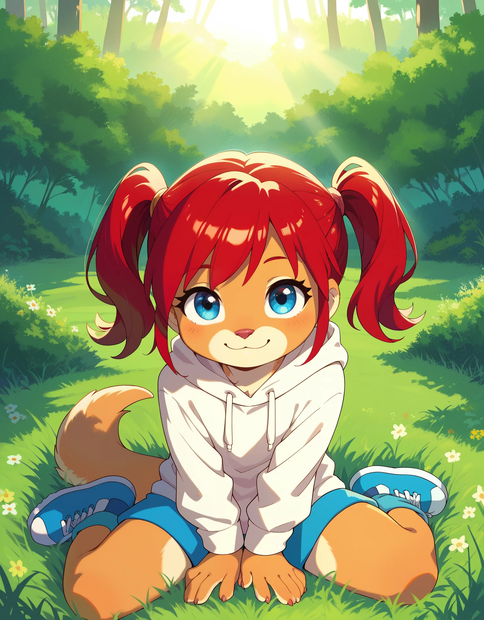 score_9, score_8_up, score_7, rating_ safe, source_furry, furry, camille_w, solo, red hair, twintails, blue eyes, hoodie, (kangaroo tail:0.7), sitting, outdoors, grass, looking at viewer, smile, cute, sunlight, natural lighting, 