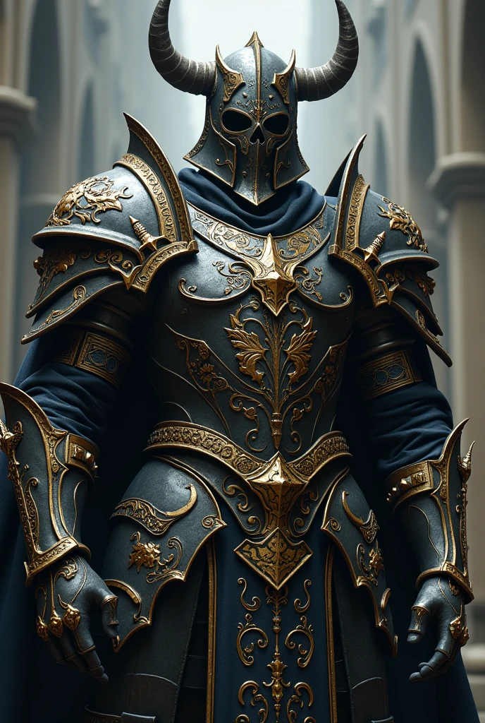 BRUTAL Berseker dark Knight portrait with steel and gold demonic sculpt engraved armor and steel face mask like a king baldwin . Epic dark fantasy atmosphere, elden ring hoslow armor refrence