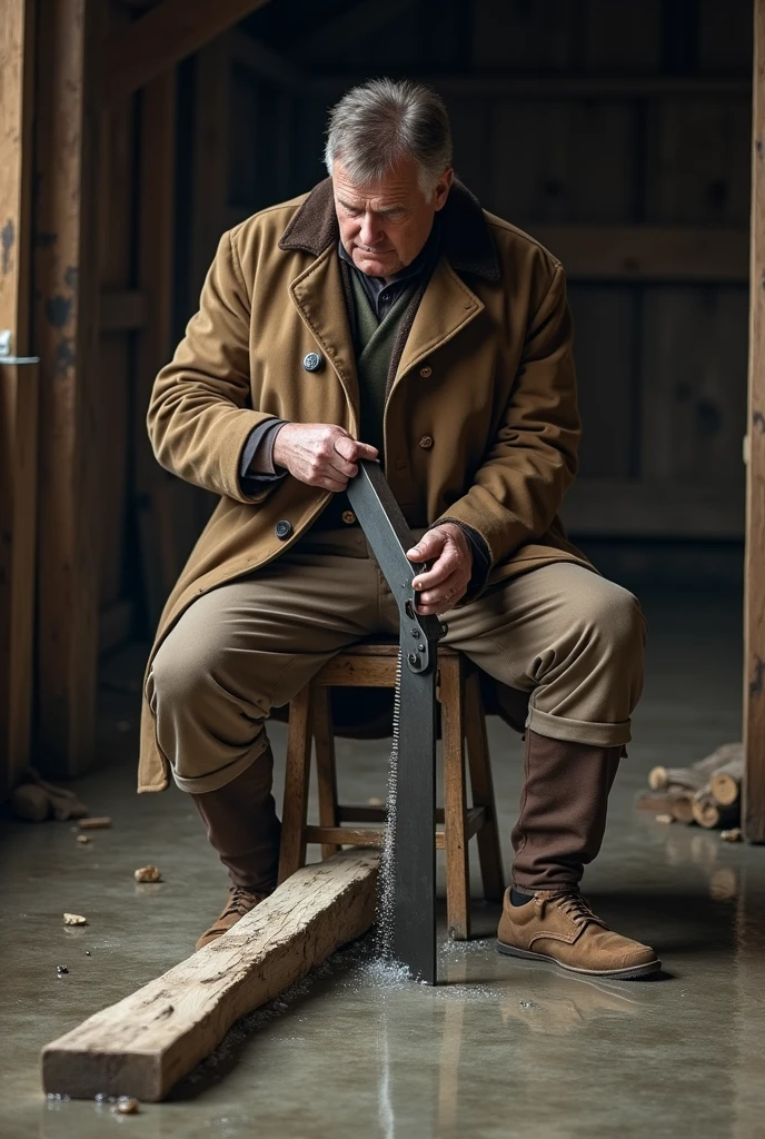 Crée une image d'un homme assis sur un tabouret dans une grange. Cet homme scie une planche de bois, calée contre le sol, au moyen d'une scie à bûches . Il porte un grand manteau fermé par un unique bouton rond au niveau du ventre. La surface de l'image ondule comme la surface de l'eau.