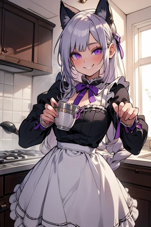 Perfect face. Perfect hands. A young silver haired woman with purple eyes and silver cat ears and a silver cat tail in a Lolita maids outfit is cooking in a fancy kitchen with a big smile