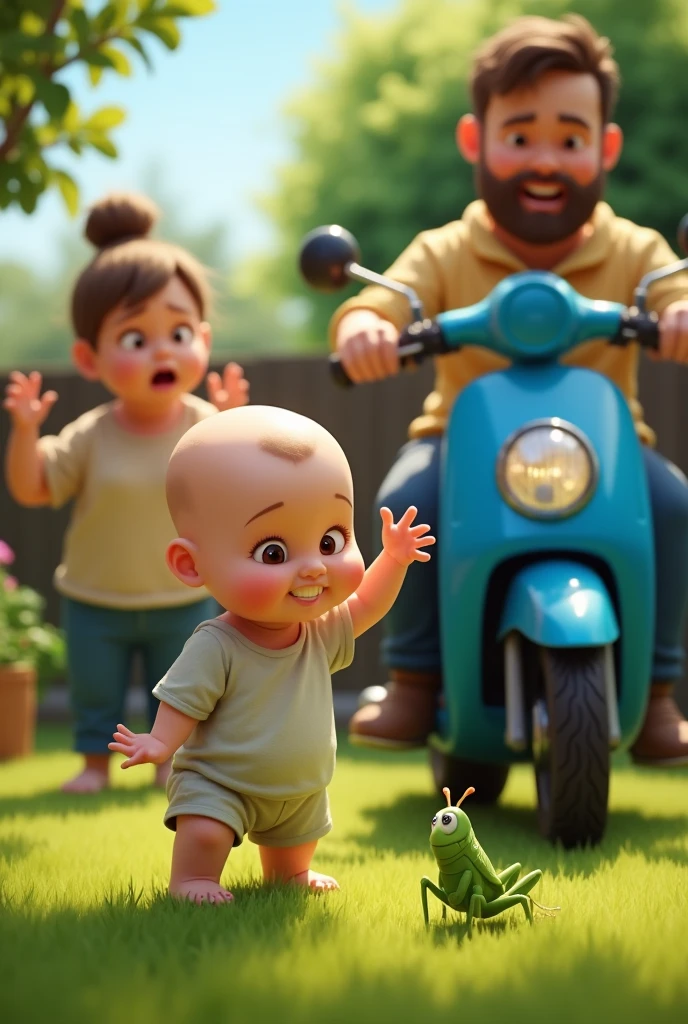 2--old h no hair. grabbing a grasshopper in the house's backyard. Scaring his fat mom and his dad is behind riding a blue motorcycle.. His dad has a short beard