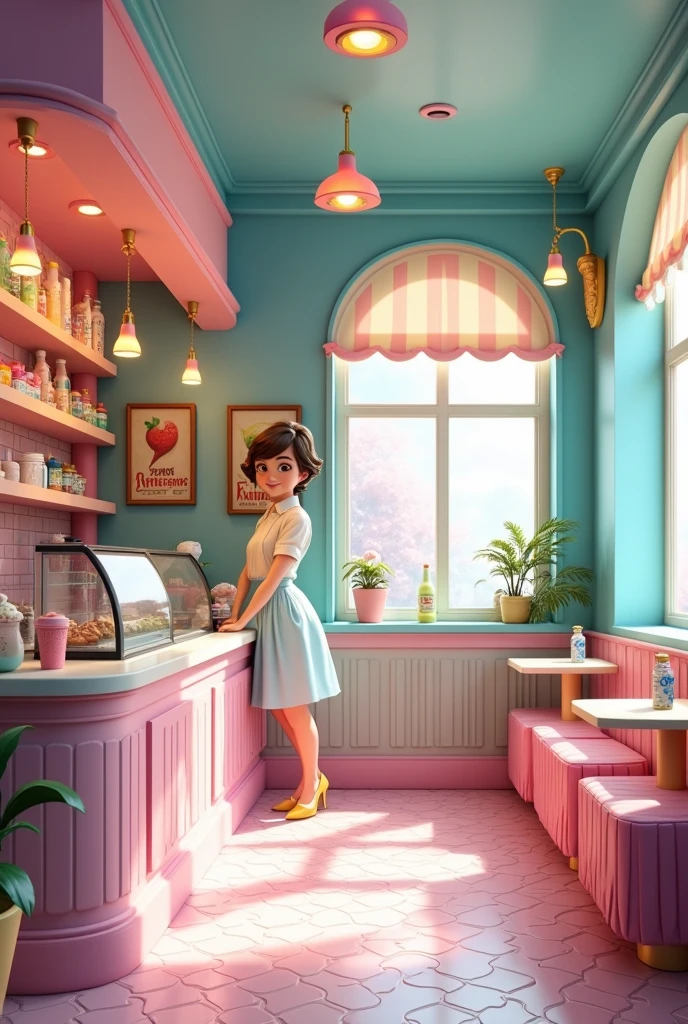 an ice cream shop named "exoticream", a creative and cozy place with pastel colors, specifically blue and pink