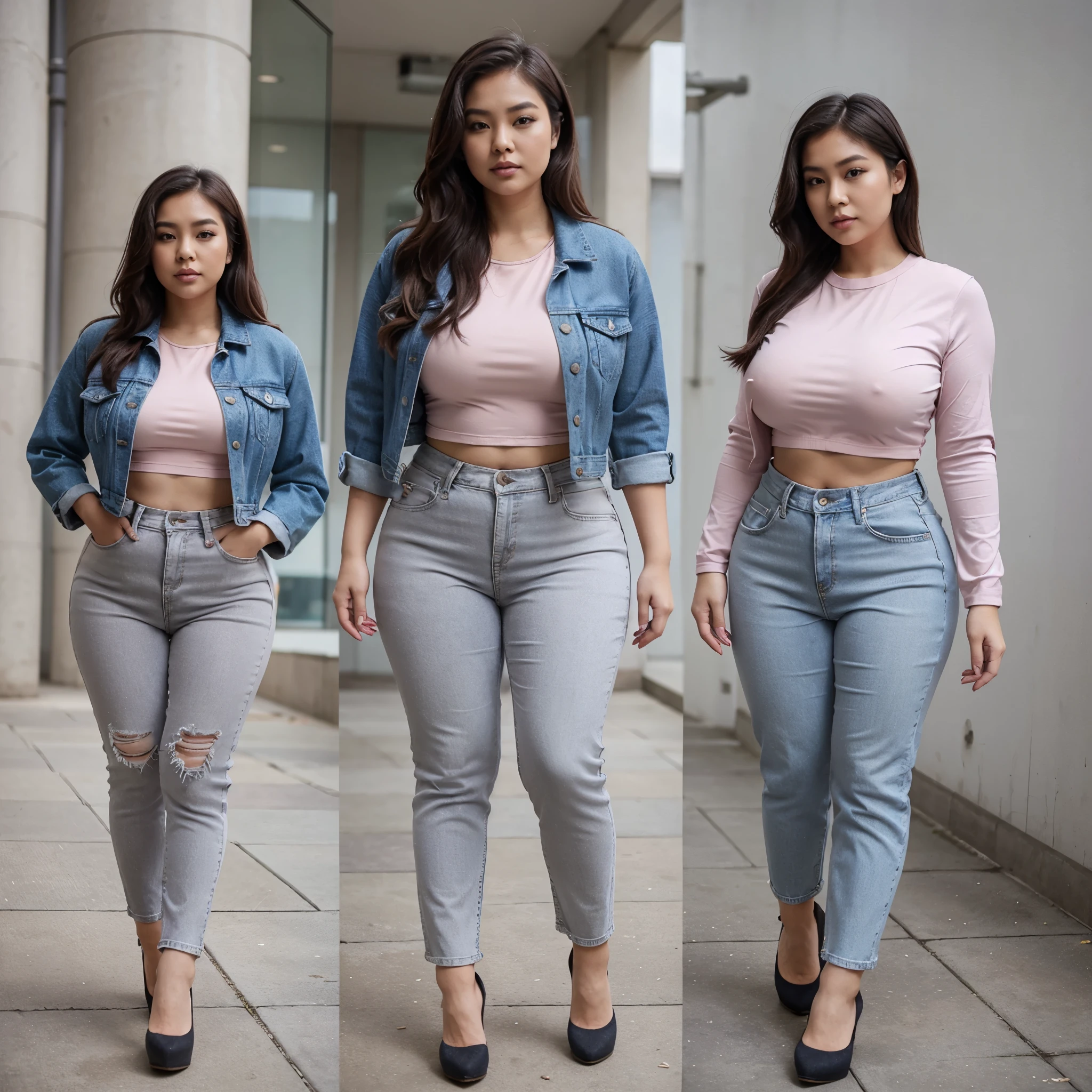 Whole body image Asian Woman curvy pear shape body with wide hips, wearing cropped denim jacket with Pastel pink top, grey straight-cut trousers, black high heels.