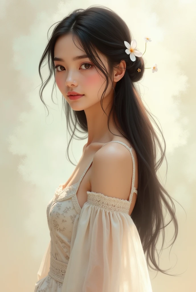 To create a female artisan with almond-brown skin, long, straight hair wearing a romantic white dress with light-toned floral print on a pastel background