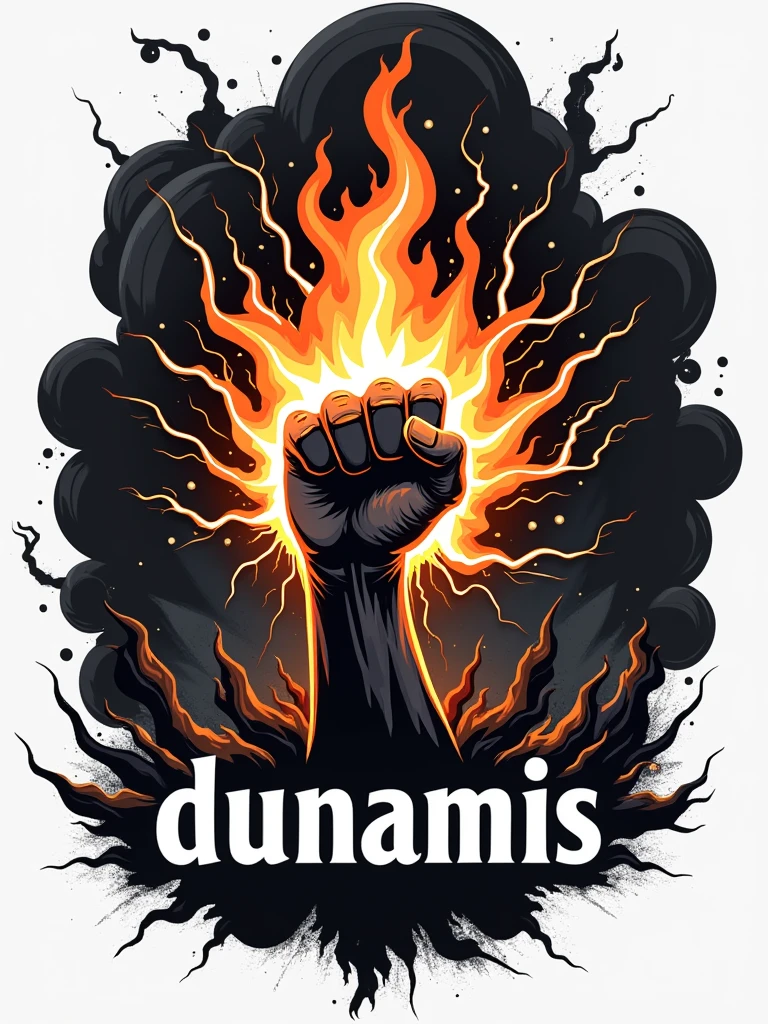 A logo with a hand on fire and lightning bolts around it, saying "dunamis" in a bold and commanding style. The hand is closed, and the design is in black and white.
