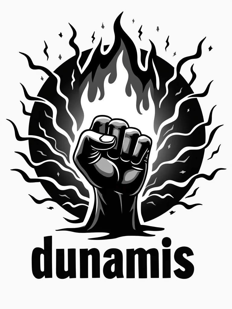 A logo with a hand on fire and lightning bolts around it, saying "dunamis" in a bold and commanding style. The hand is closed, and the design is in black and white.