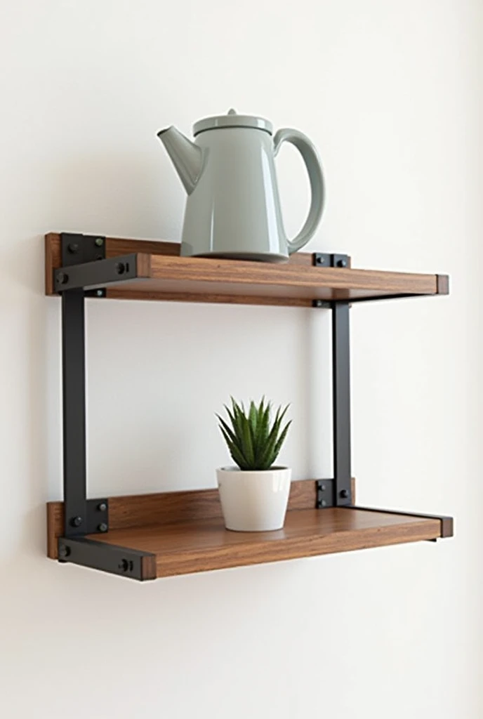 Create for me a 2-tier industrial shelf with a small brown shelf for the wall with dimensions of 40 centimeters long and 21 centimeters wide with black supports.
