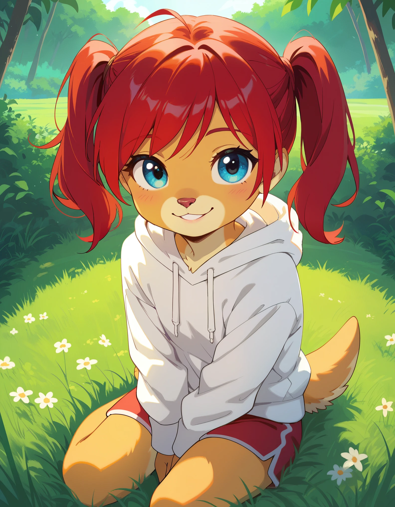 score_9, score_8_up, score_7, rating_ safe, source_furry, furry, camille_w, solo, red hair, twintails, blue eyes, hoodie, (kangaroo tail:0.7), sitting, outdoors, grass, looking at viewer, smile, cute, sunlight, natural lighting, 