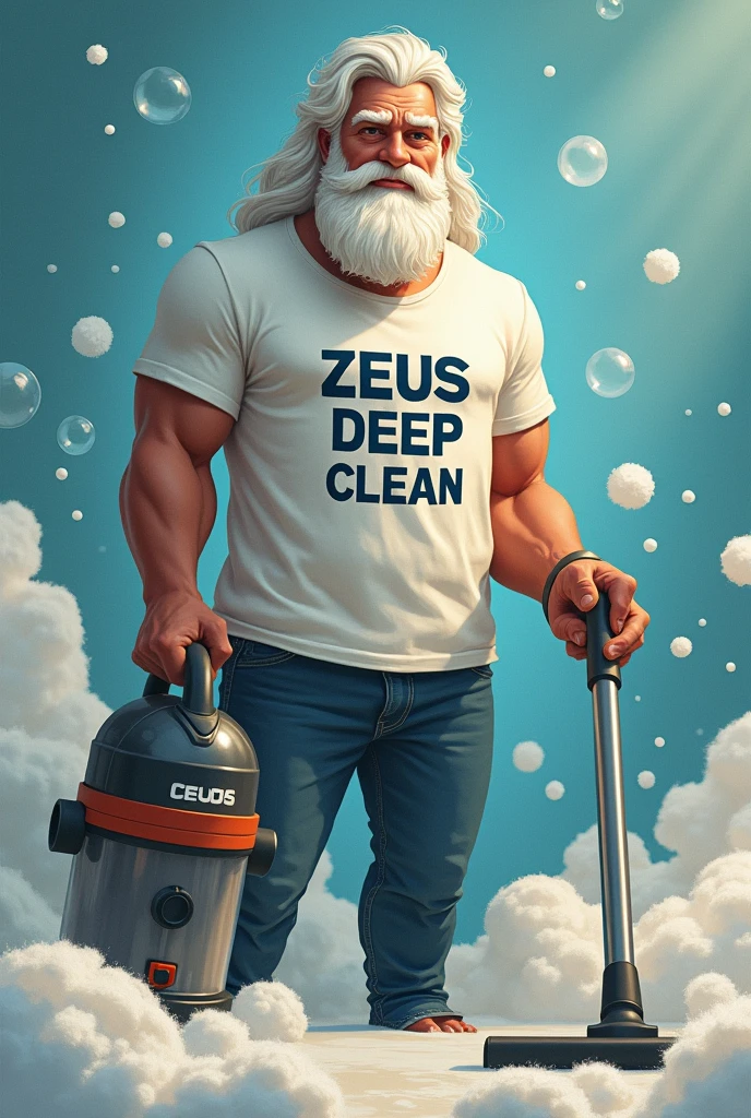 Nordic god Zeus, wearing a shirt that says Zeus deep clean, holding a vacuum cleaner, with foam and soap bubbles in the background