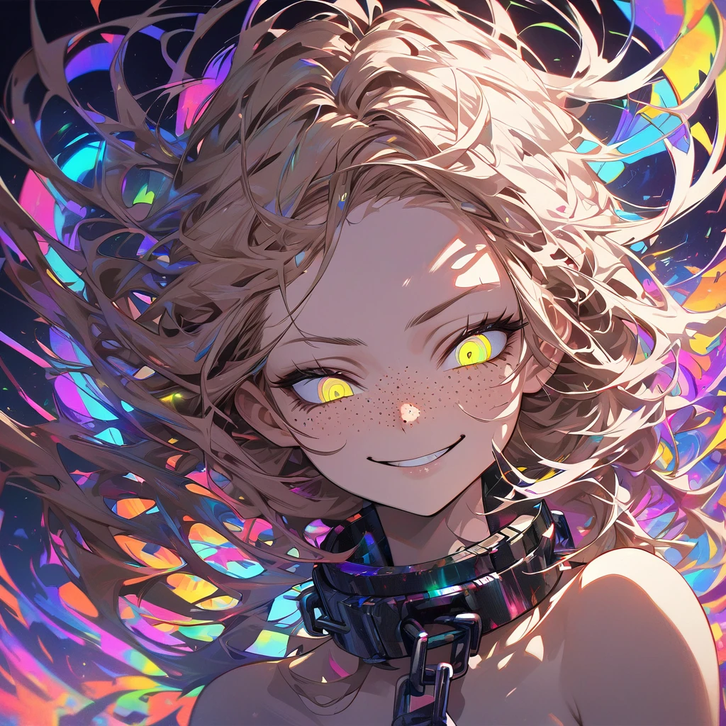 pretty girl, looking down, long messy hair, smirking, chained, mysterious, hypnotic eyes, creative masterpiece, psychedelic art, majestic, psycho, glowing background, detailed shadows, 8K resolution, ultra details, reflecting skin details, beautiful freckles, rage art, glitch art, dark art