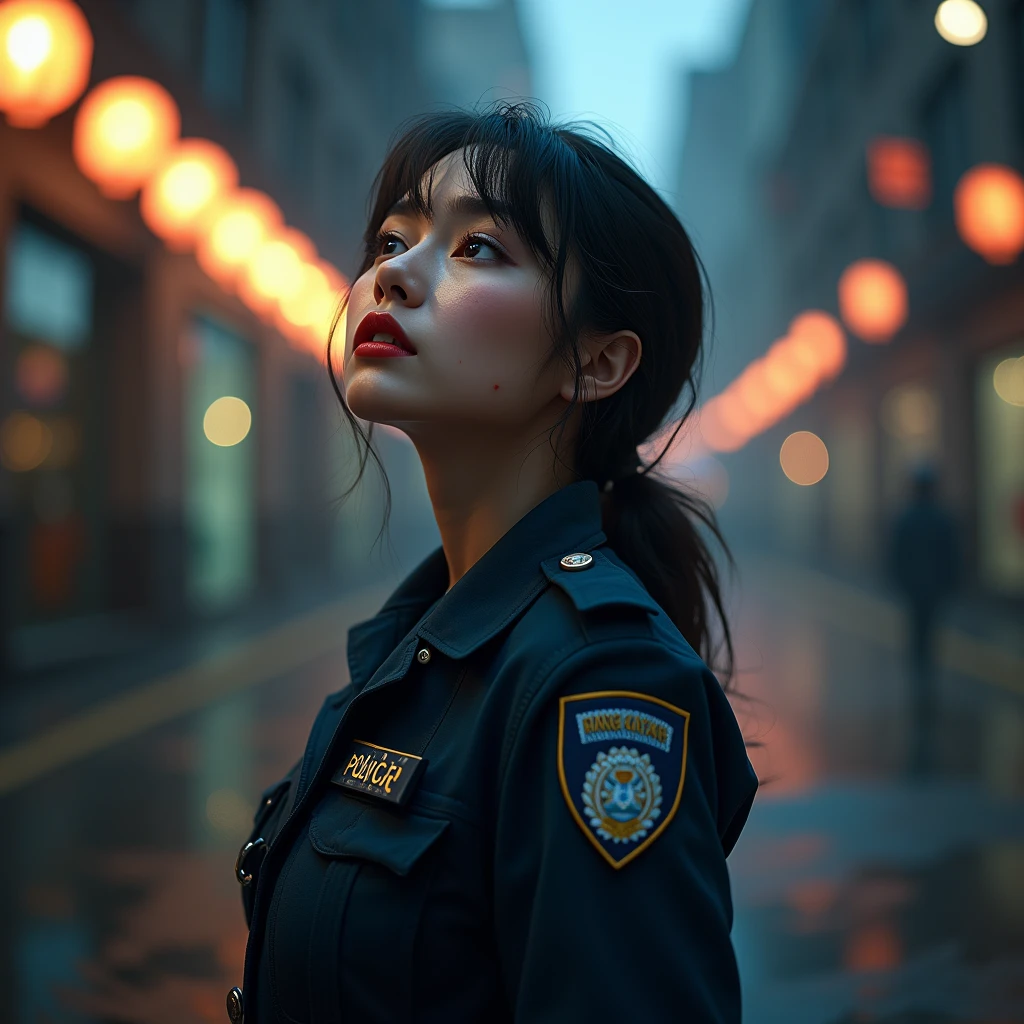 alone, (police uniform, the policewoman), Socks, city lights, (looking up at the audience: 1.3), Lips apart, Red lips, shiny skin, Dents in the skin, best quality, ultra high resolution, (真实感: 1.4),  