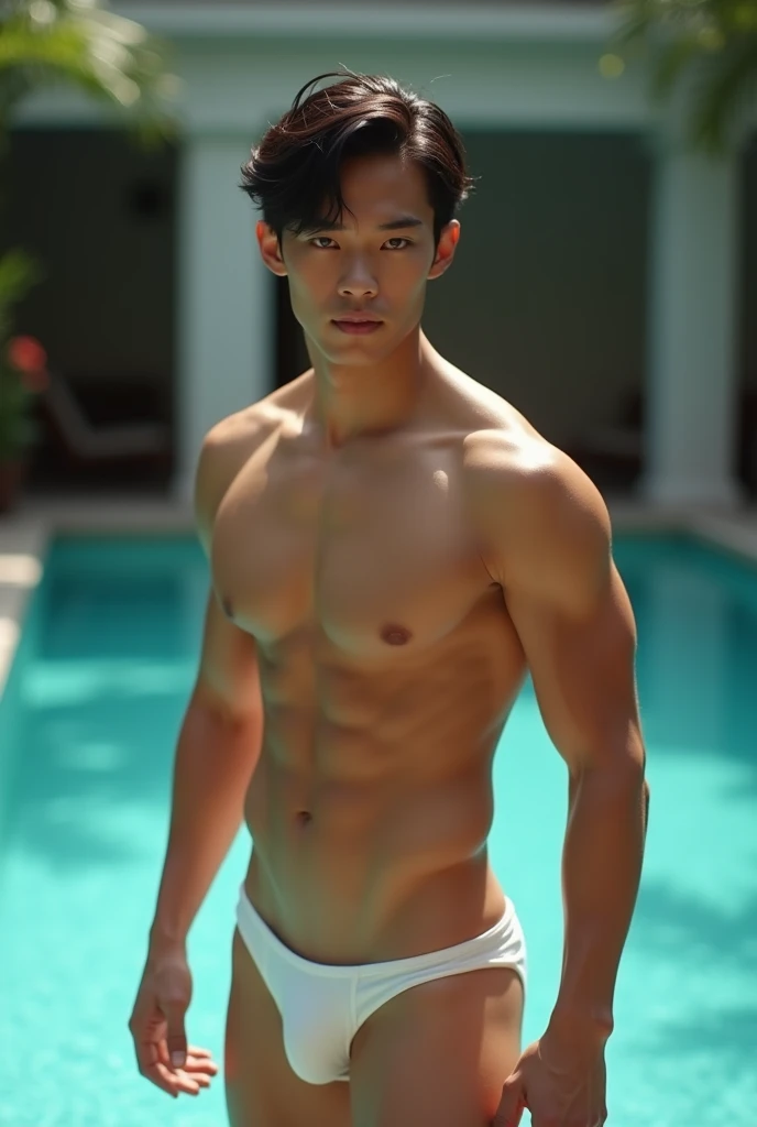 A boy in his fifties wearing a stylish white thong, Full body photo, Short Hair Details, Looking at the camera, Facial features details, Masculinity, muscle,Magical Tutor, male, egg , Pool Background, Sexy pose, Sex Magic, Perfect Anatomy, Symmetrical body, Asian少年 19歳, Upper body naked :: High detail, Asian, gender, strong,小ぶりな6パックの腹筋とCharmな体型, Actual, Human skin, Short Hair Details, good looking Chad Chin, Upper body naked, good looking, Charm, Sexy Boy, pubic hair, male, 性的にCharm, Human skin, (eye contact), Homosexuality does not exist, good looking, Charm, Ass panties are big and hard