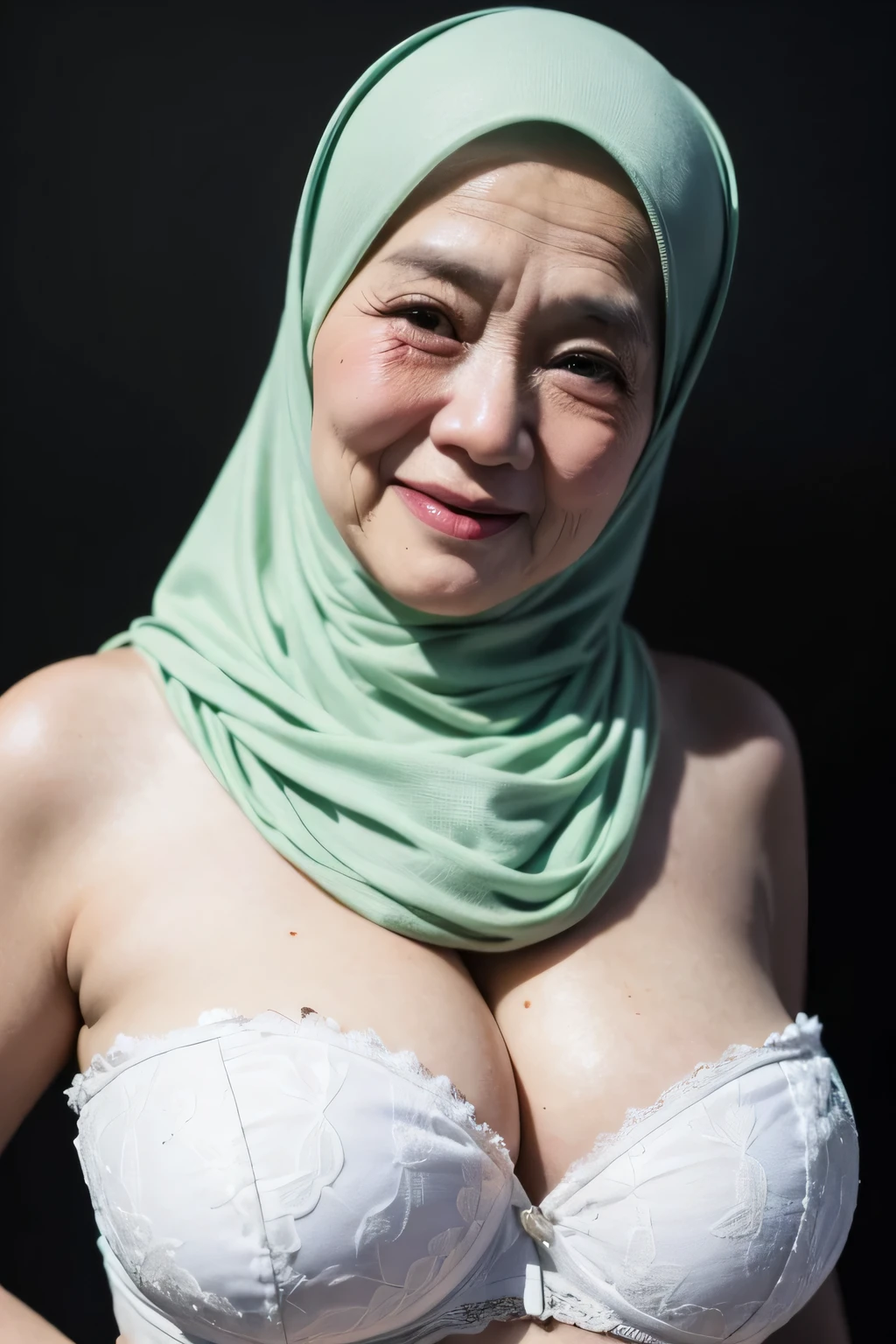((4x-UltraSharp)), CHUBBY ((Gigantic tits:1.5)), (from behind up) seductive pose, ((Old lady:1.7)), (Happy smile), (((WHITE HIJAB MALAY GIRL))), masutepiece, High quality, UHD 32K, Realistic face, Realistic skin feeling , A Japanese Lady, 58 years old matured lady, (((FLAT CHEST))), (Night time at forest), ((look In front at the camera and SADNESS)), (((WHITE LIPS)), ((Floral Pattern)), ((wearing pastel lace strapless bra)), dark night background , WHITE forest night, horror scary place,
