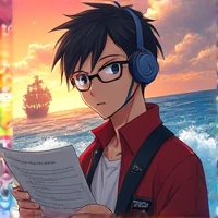 anime style character with glasses, headset, holding bills, pirate theme background, and written caption "Lionel NFT"