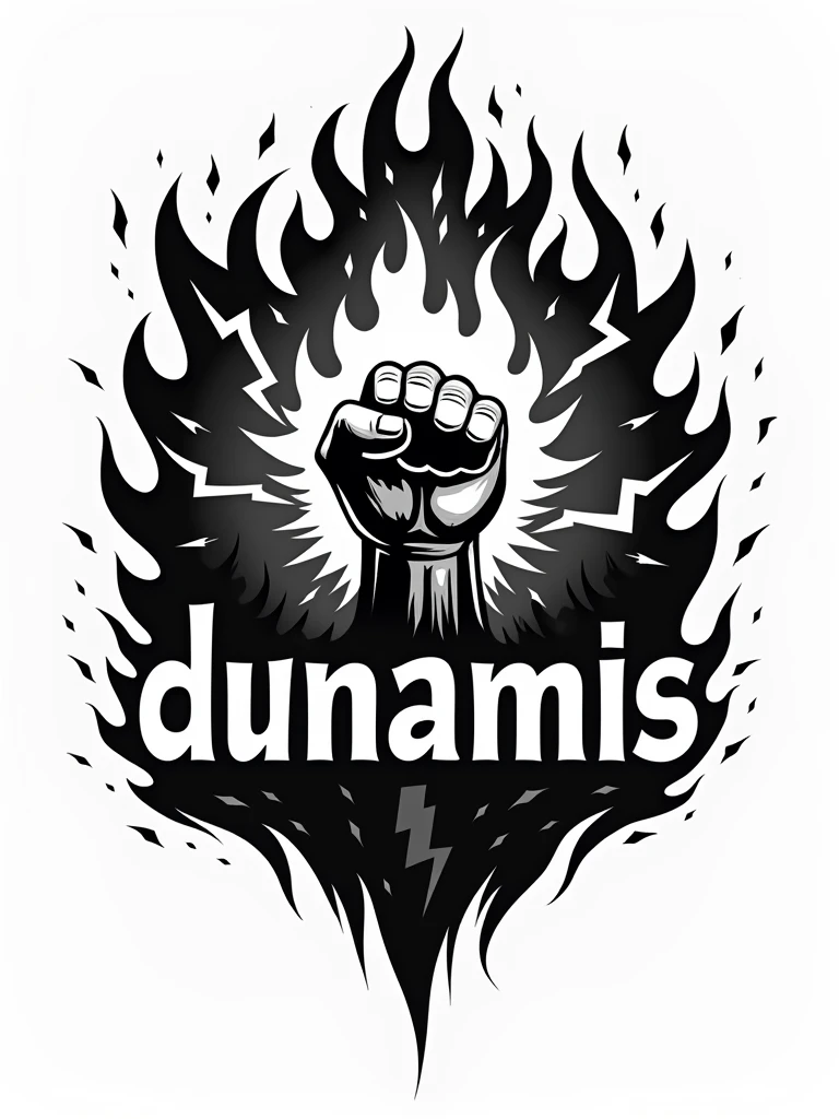 A logo with a hand on fire and lightning bolts around it, saying "dunamis" in a bold and commanding style. The hand is closed, and the design is in black and white.