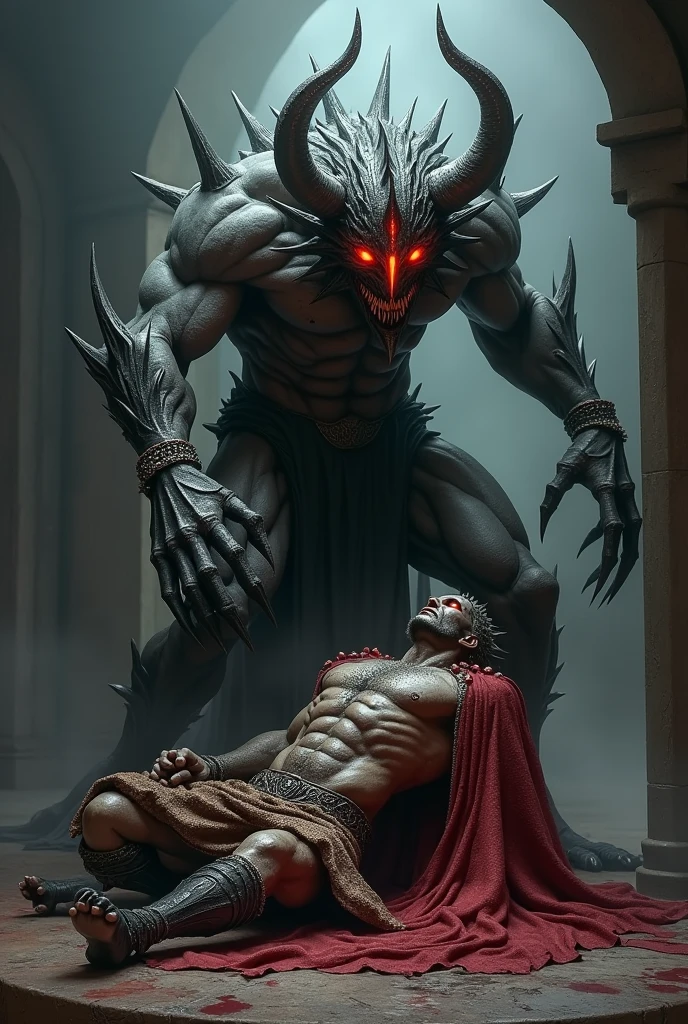 A gray-bodied demon with bright red eyes stepping on a king
