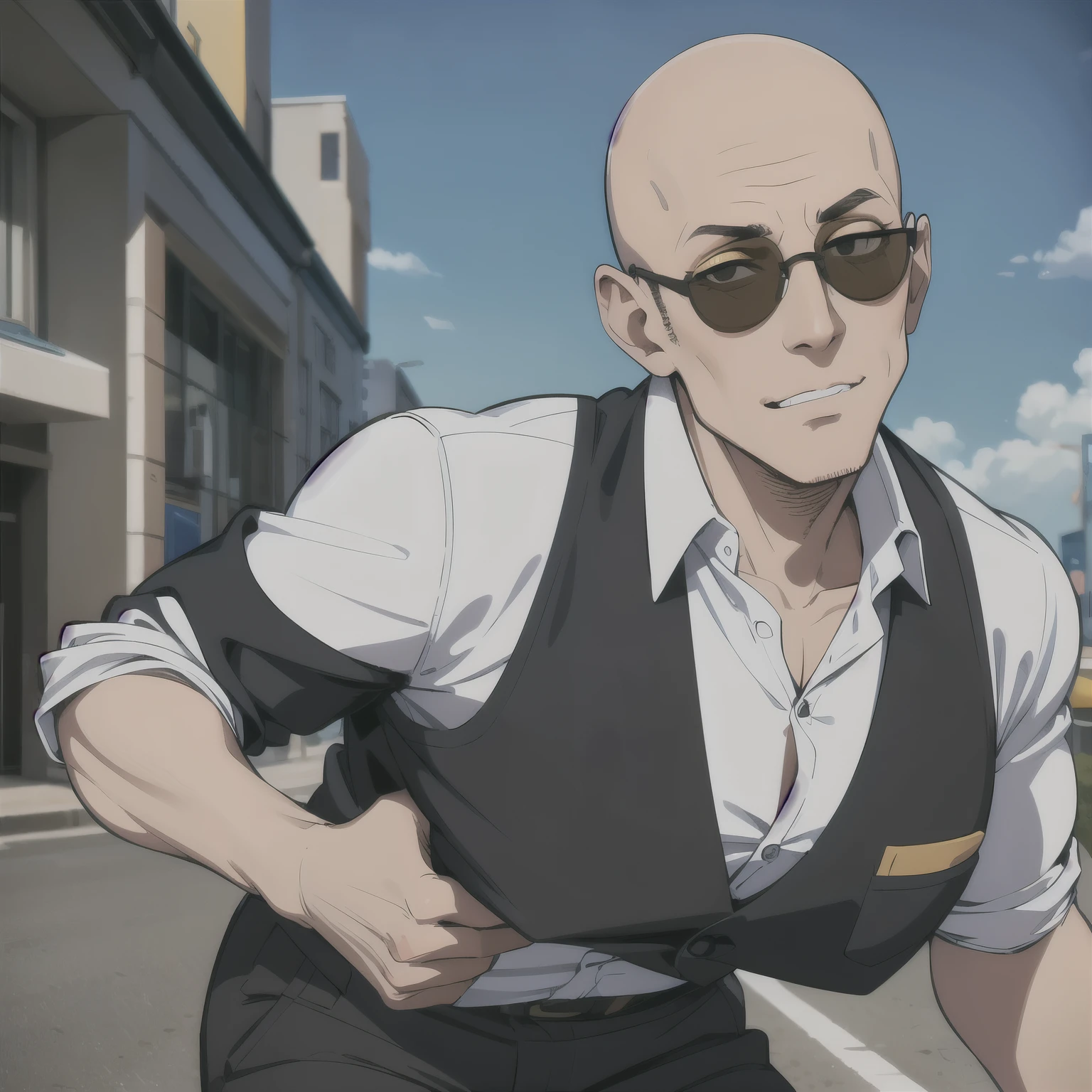 Passerby 1 - man, blue dirty shirt, brown eyes, black trousers, white braces. Bald, wears round yellow sunglasses. Incredibly huge triangular schnoz.