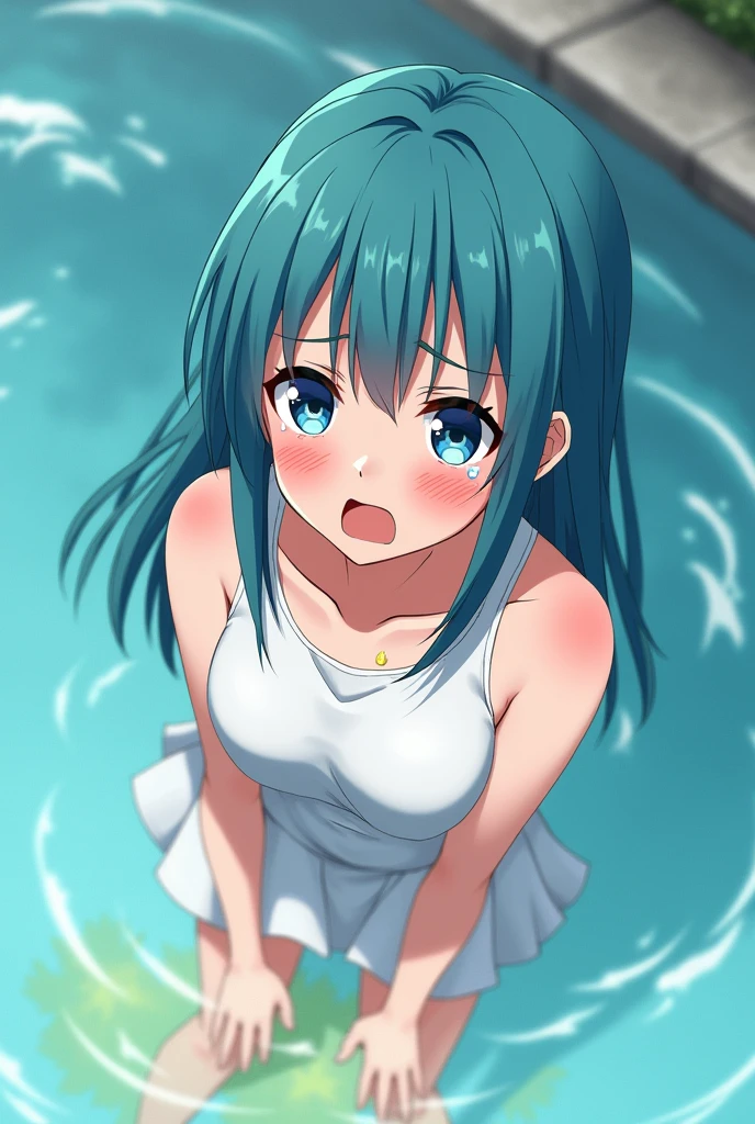 Peeing self, Have to pee, Anime, looking at camera, embarrassed, blush, peeing, yellow pee, tears, crying, out of breath, sweating, blue eyes, cyan hair, one girl, Eirika fe, white skirt, a spot of yellow urine in the pool