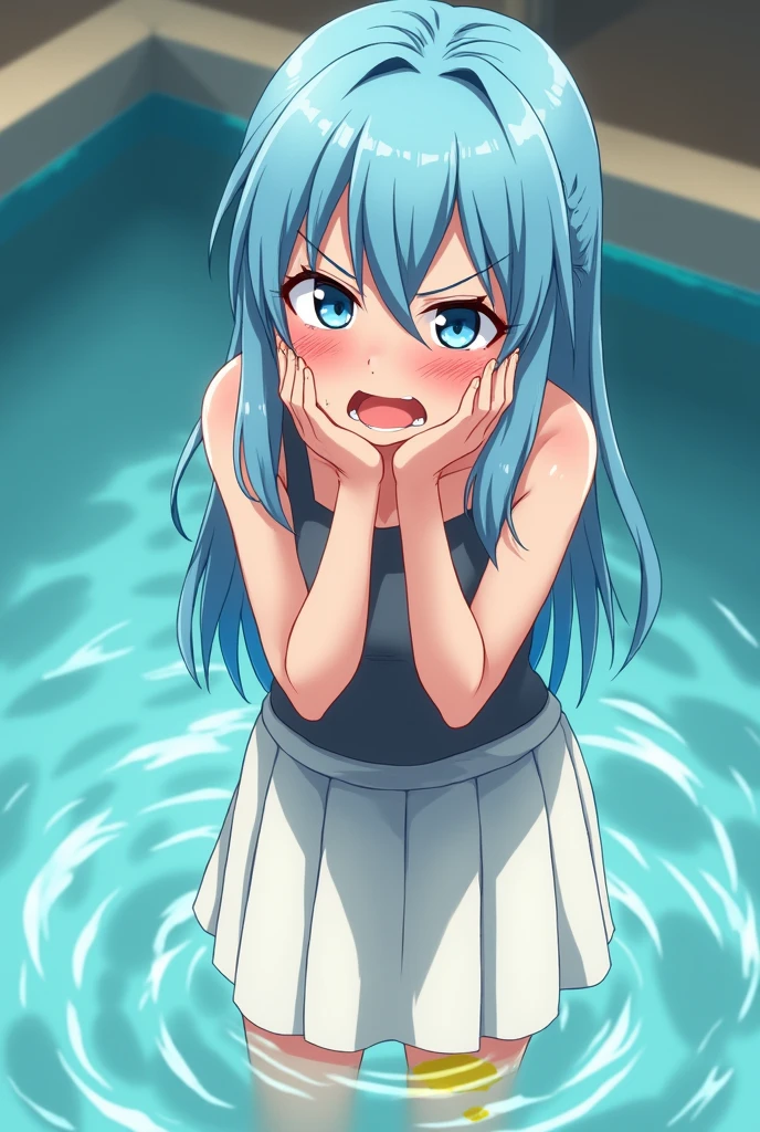 Peeing self, Have to pee, Anime, looking at camera, embarrassed, blush, peeing, yellow pee, tears, crying, out of breath, sweating, blue eyes, cyan hair, one girl, Eirika fe, white skirt, a spot of yellow urine in the pool