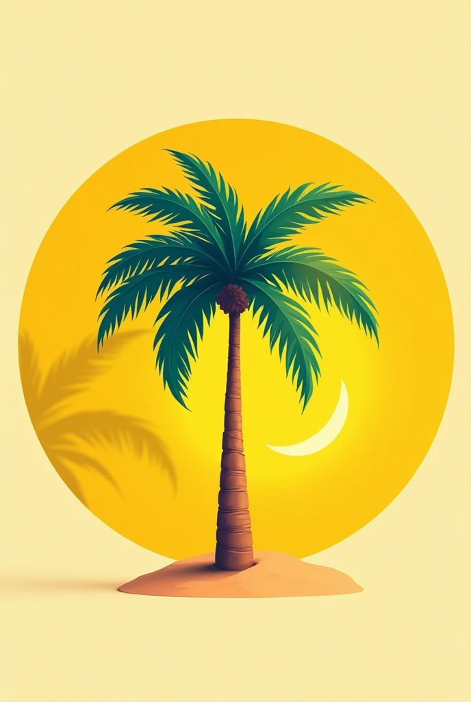 Circular promotional offer with a palm tree drawn and a yellow background