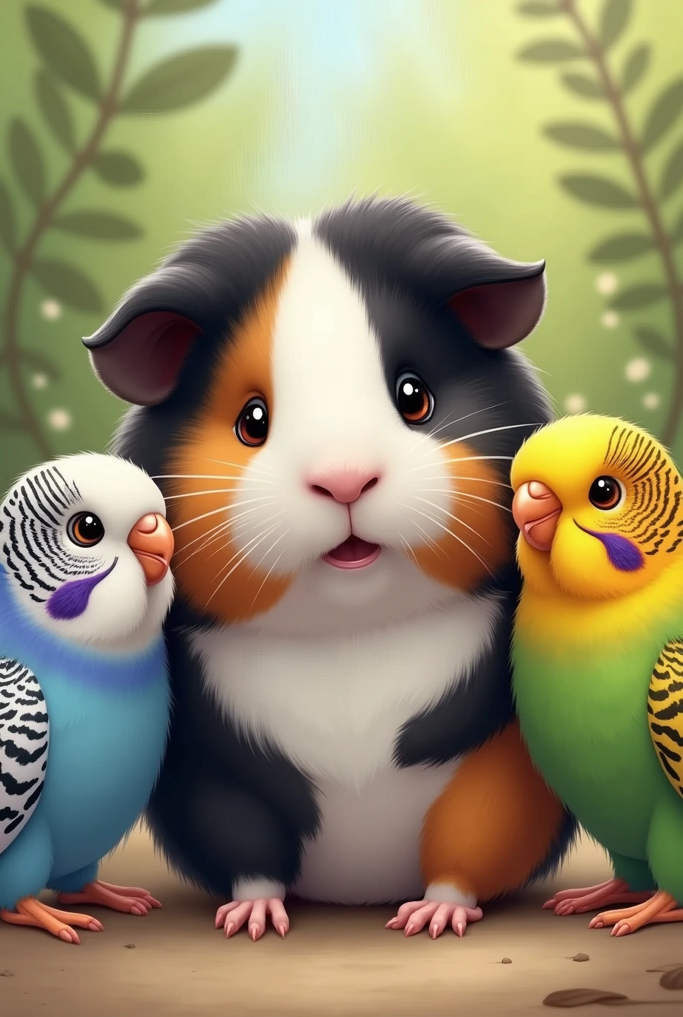 Guinea pig (Guinea pig) with tri-colored fur, with a predominance of black, white and brown with black ears, a soft and fluffy coat, with a fairly uniform color distribution, with a light brown spot around one eye on the head., while the body has a mixture of black and white. Along with two Australian budgies, a first parakeet has predominantly light blue plumage on the body, with a white head and black details on the sides, forming characteristic patterns. The cheeks have violet spots, and the chest is a softer blue. The second parakeet has yellow and green plumage. The head and upper body are a vibrant yellow, while the lower part and the wings have a mixture of green. There are small blue spots on the cheeks, which are common features in parakeets.