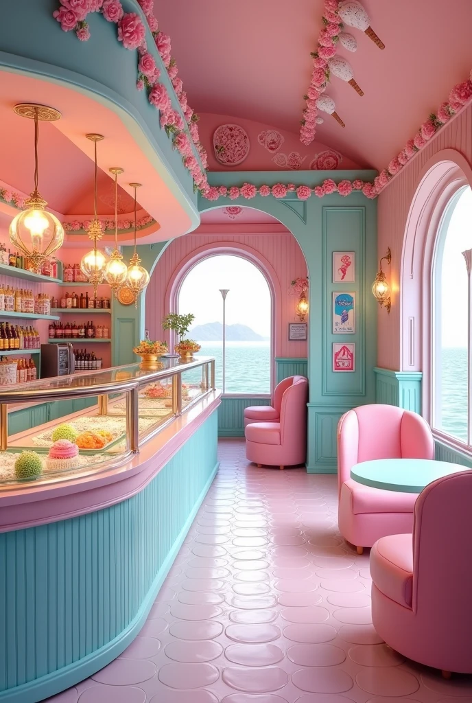an ice cream shop named "exoticream", a creative and cozy place with pastel colors, specifically blue and pink