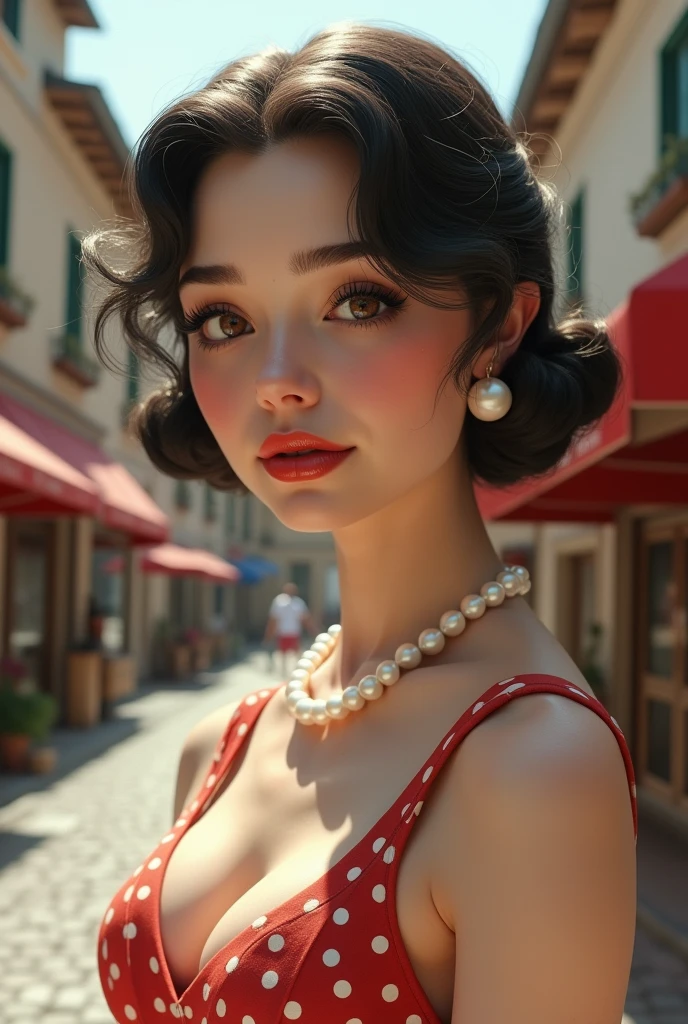(ultra high resolution), Close-up.(photorealism 16K realism), (ultra-fine digital art), ((Hyperrealistic proportional body, Anatomically correct:1.2)), (super detailed beautiful face), (light pale complexion), break, ((small round head and face:1.25)), (ultra detailed, Beautiful, thin and sharp dial), (best most detailed realistic brown color_eyes:1.2), ((Insanely realistic sharp-eyes)), (droopy eyes:1.3), thin eyebrows, Gently draw the eyelashes, eyelash extensions, (tired, sleepy and happy:0.0), perfect round eyes, Finely detailed pupils,break, detailed lips:1.3, pink_draw up:1.14, glossy red_pomade:1.2 ,Perfect light_eyeshadows:1.25, (Detailed nose:1.2), ((Wearing a retro polka dot dress with a cinched waist,very large breasts and pearl accessories., complemented by a classic hairstyle:1.22)), (Amidst the quaint town square, with cobbled streets lined with charming boutiques and antique shops, There, where is the time, Seems, Stopped:1.2), (seductive:1.22),