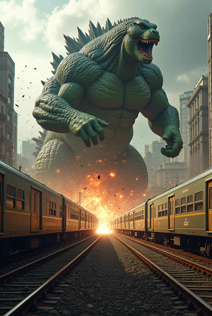Godzilla fighting Hulk, on the train line