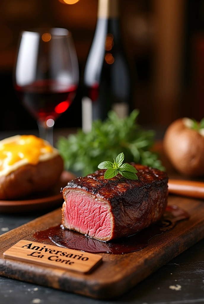 A juicy cut of meat next to a baked potato covered with cream and melted cheese, accompanied by a glass of red wine and a wooden plaque engraved with "Aniversario" and "La Corte", in an elegant setting with warm lighting, conveying a feeling of celebration and exclusivity, Realistic photography, captured with a Canon EOS R5 professional camera, 50mm f/1.2 lens, with focus on rich textures and vibrant colors, cinematic style, soft lighting, --ar 16:9 --v 5