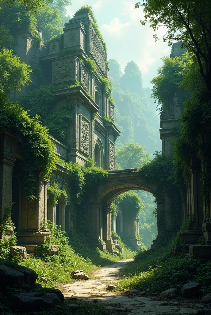 1. A lost city, overgrown by dense jungle, with ruined temples and vines covering the ancient stones.