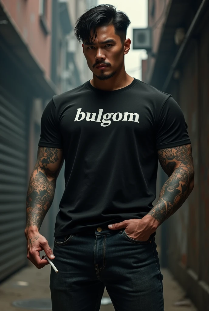 Handsome korean tattoo man, black hair, black t-shirt with bulgom written on it,  jeans, smoking cigarettes,  yakuza vibes, hard colors