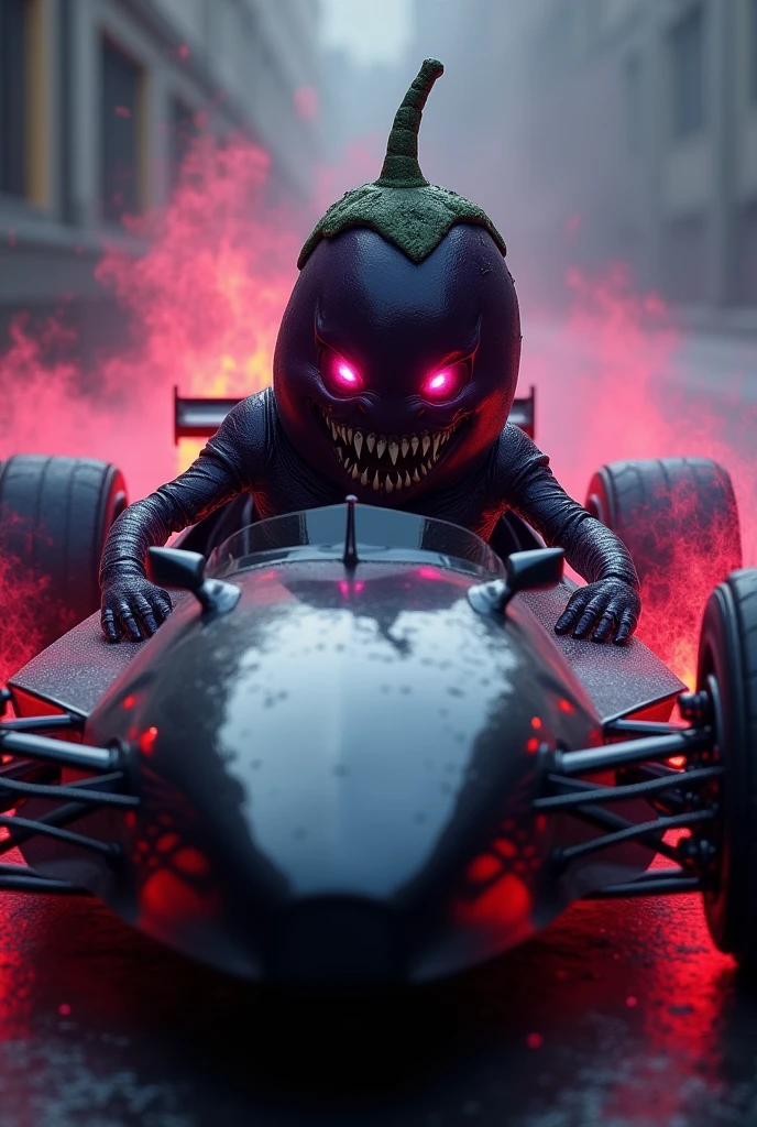 Berinjela Vampira em um automobile de Corrida:
Eggplant Visual: Draw the eggplant with visible fangs and maybe a gothic or vampire style clothing.
automobile: Create a stylized race car with dark details, like flames coming out of the exhausts and a black paint with red or purple details.