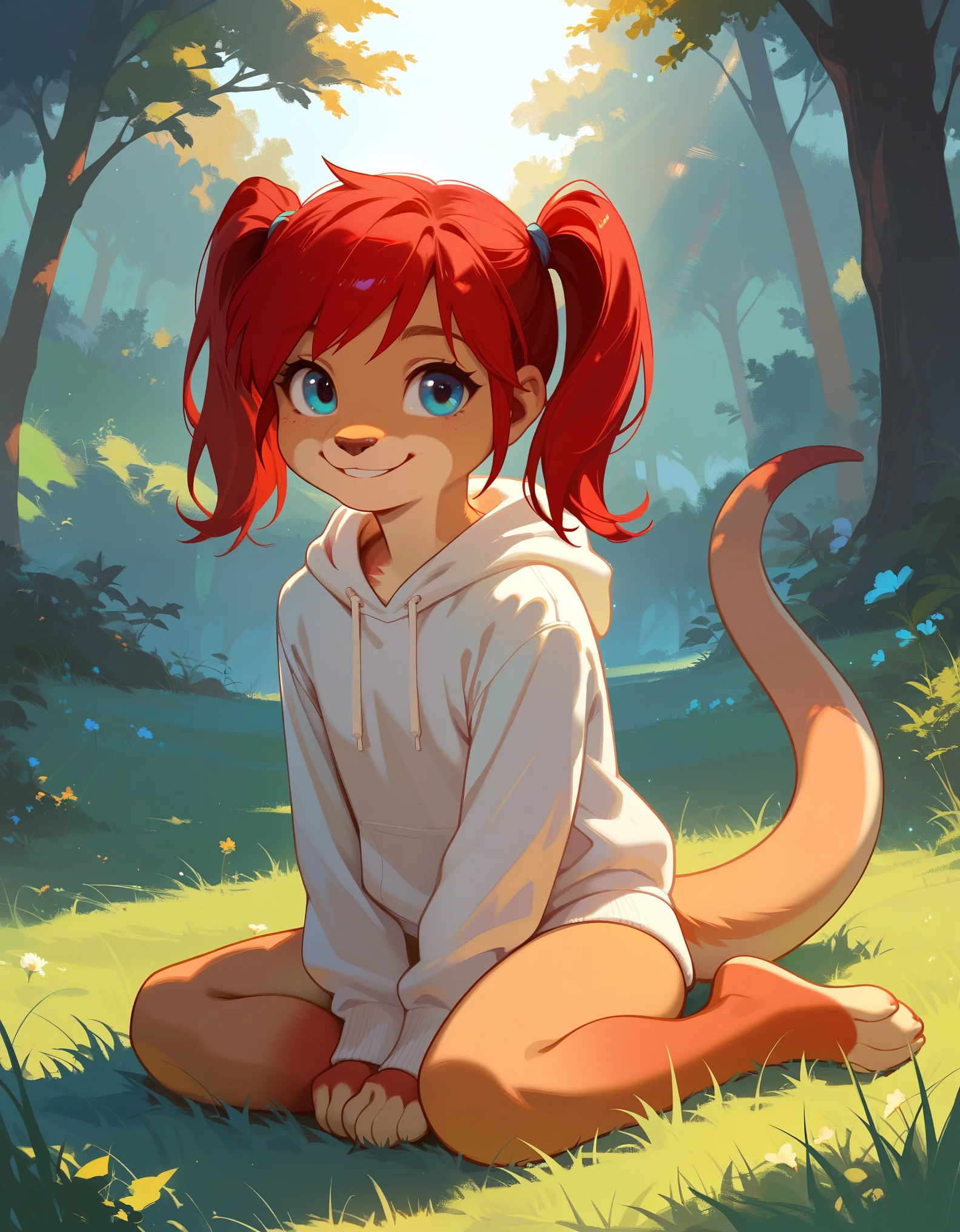 score_9, score_8_up, score_7, rating_ safe, source_furry, furry, camille_w, solo, red hair, twintails, blue eyes, hoodie, (kangaroo tail:0.7), sitting, outdoors, grass, looking at viewer, smile, cute, sunlight, natural lighting, 