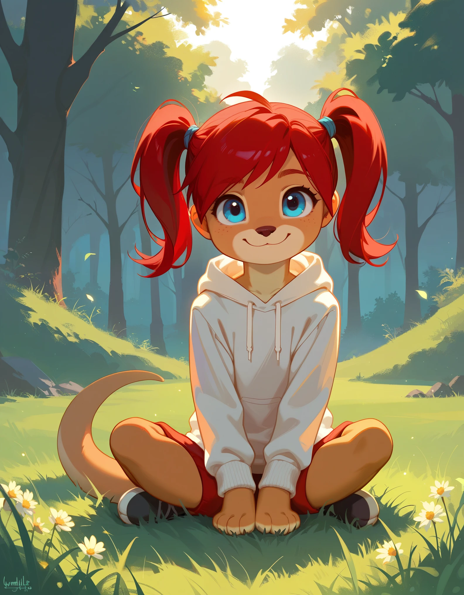 score_9, score_8_up, score_7, rating_ safe, source_furry, furry, camille_w, solo, red hair, twintails, blue eyes, hoodie, (kangaroo tail:0.7), sitting, outdoors, grass, looking at viewer, smile, cute, sunlight, natural lighting, 