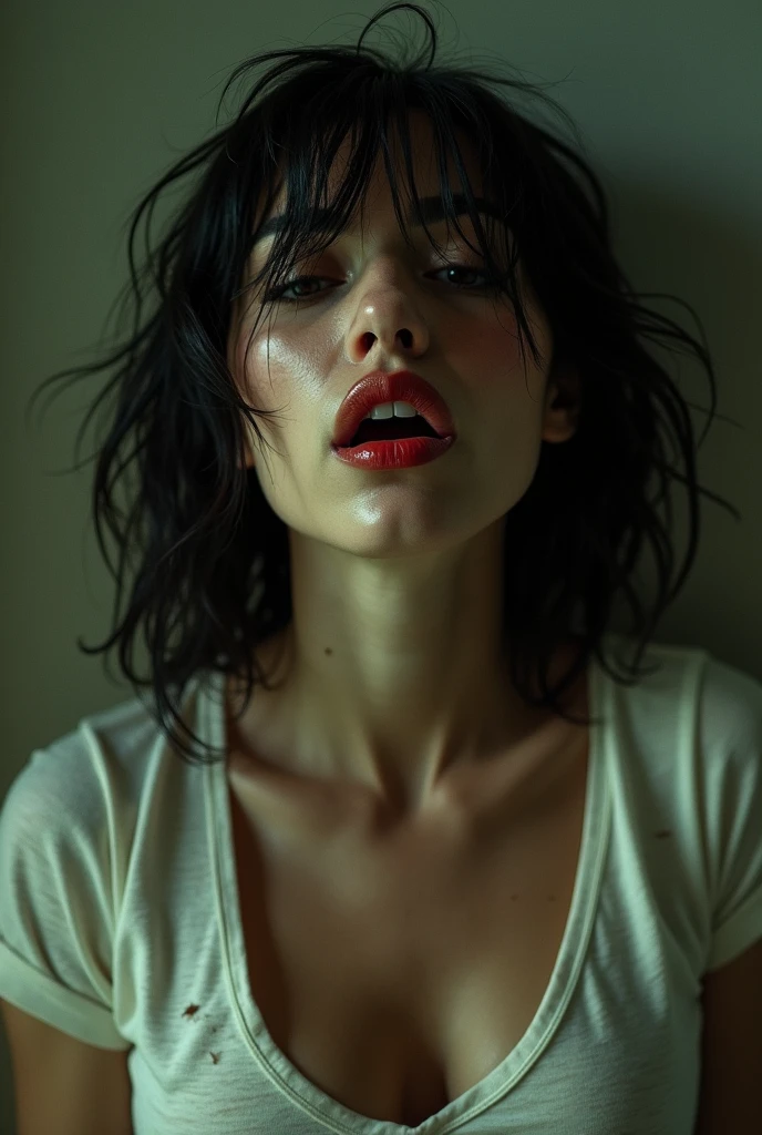 70s setting, grainy film, ultra-detailed, realistic, abstract, desperate tremor, sexual exhausted, hard breath, loosing control, hazy view, sweat, desperation, soaked t-shirt, void background, red lips, noir, wet sticky hair, bob cut, natural skin texture,
