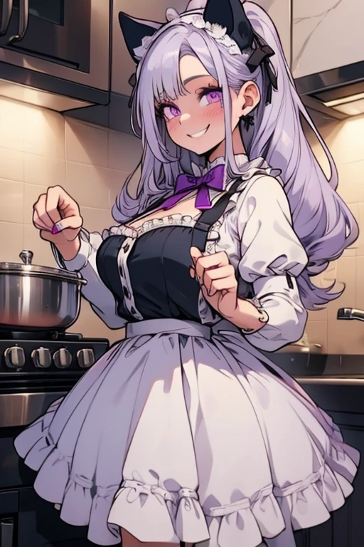 Perfect face. Perfect hands. A young silver haired woman with purple eyes and silver cat ears and a silver cat tail in a ta maids outfit is cooking in a fancy kitchen with a big smile